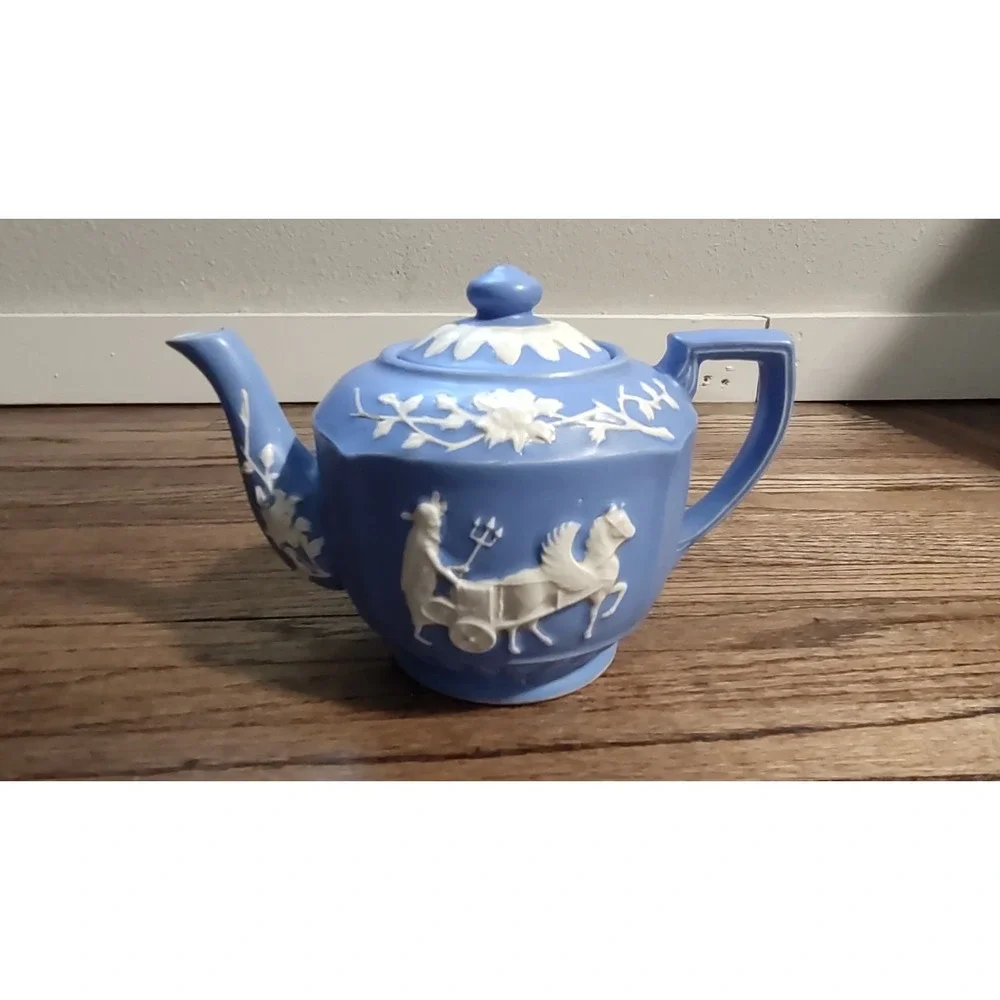 Wedgwood Jasperware Light Blue Teapot Neoclassical Chariot White Relief Vintage